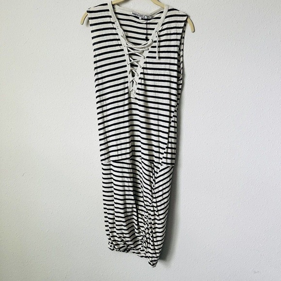 Pam & Gela Blue and Cream Lace Up Drop Waist Dress - Picture 2 of 5